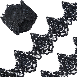 Black 5Yards Polyester Flower Lace Ribbon, Flower Trimming for Wedding Dress Decoration, Black, 5 inch(128mm)