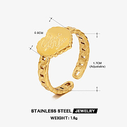 Золотой 201 открытые кольца манжеты из нержавеющей стали, сердце, золотые, внутренний диаметр: регулируемый