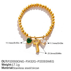 Key 304 Bracelets extensibles ronds à perles pour femmes, en acier inoxydable émaillé, pavés de zirconiums cubiques verts et transparents, or, clé, 7.48 pouce (19 cm)