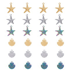 Mixed Color 24Pcs 6 Style 304 Stainless Steel Pendants, Shell & Starfish Shape, Mixed Color, 17.5~23x15~20x2.5~3mm, Hole: 2mm, 4pcs/style