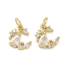 Настоящее золото 18K Латунные микропаве прозрачные подвески с фианитом, без кадмия и без свинца, стойки покрытие, долговечный, Луна прелести, реальный 18 k позолоченный, 12x10.5x3 мм, отверстие : 3.5 мм