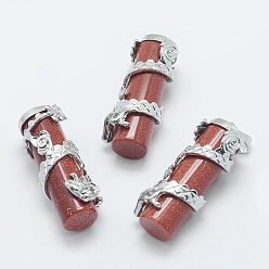 Камень с Пылевым Золотом Синтетические голдстоуновские подвески, с латунной фурнитурой , колонка с драконом, платина, 40.5~41.5x14x15 мм, отверстие : 3.5x5 мм