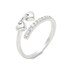 Platinum Heart Brass Micro Pave Cubic Zirconia Open Cuff Ring for Women, Platinum, US Size 6 3/4(17.1mm)