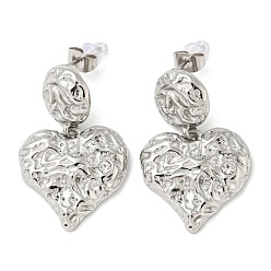 Stainless Steel Color 304 Stainless Steel Micro Pave Cubic Zirconia Dangle Stud Earrings, Textured Heart, Stainless Steel Color, 34x22mm