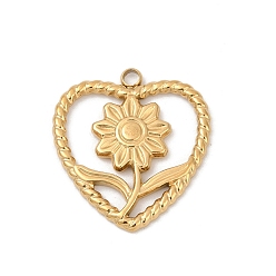 Настоящее золото 18K 304 подвески из нержавеющей стали, ионное покрытие (ip), сердце с подвеской в виде подсолнуха, реальный 18 k позолоченный, 22.5x20.5x2 мм, отверстие : 2 мм