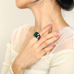 Темно-Зеленый Модные 304 кольца из нержавеющей стали и стекла для женщин, реальный 18 k позолоченный, темно-зеленый, размер США 7 (17.3 мм)