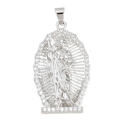 Платина Религиозные латунные подвески с микропаве из прозрачного кубического циркония, овал с подвесками святых, стойки покрытие, долговечный, без свинца и без кадмия, платина, 38x22.5x5 мм, отверстие : 5x4 мм