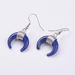 Ляпис-Лазурь Природные лазурит серьги болтаться, латунная фурнитура с платиновым покрытием, окрашенные, двойной рог / полумесяц, 40 мм , штифт: 0.6 мм