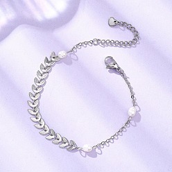 Нержавеющая Сталь Цвет Браслеты из натурального культивированного пресноводного жемчуга, латунные цепочки ручной работы и браслеты-цепочки для женщин, цвет нержавеющей стали, 7-1/8 дюйм (18.2 см)