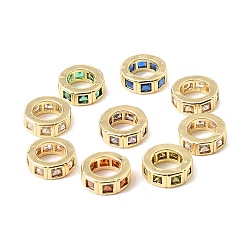 Mixed Color Brass Pave Cubic Zirconia European Beads, Flat Round, Large Hole Beads, Rack Plating, Long-Lasting Plated, Lead Free & Cadmium Free, Real 18K Gold Plated, Mixed Color, 8.5x3mm, Hole: 5mm