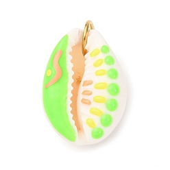 Лайм Кулоны с натуральными ракушками каури с принтом, подвески в форме ракушки с эмалью и 304 соединительными кольцами из нержавеющей стали, без кадмия, без никеля и без свинца, золотые, желто-зеленые, 23~28x16~20x12~14 мм, отверстие : 6 мм