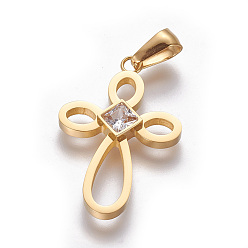 Золотой 304 подвески из нержавеющей стали, со стразами, крестик, кристалл, золотые, 29x18x2 мм, отверстие : 3x6 мм