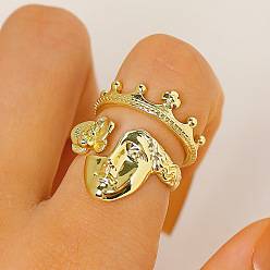 Golden Brass Cuff Open Rings, Crown & Human Face, Golden, 17mm, about 2pcs/set