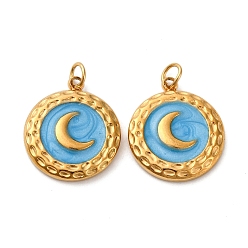 Темно-Голубой 304 нержавеющей стальной эмали подвески, плоская круглая с лунным шармом, с целью перехода в кольце, ионное покрытие (ip), реальный 18 k позолоченный, глубокое синее небо, 16.5x14x2.5 мм, отверстие : 2.5 мм