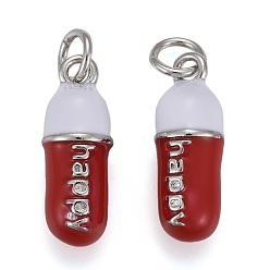 Платинированный Латунь эмаль подвески, с прыжковых колец, долговечный, таблетка в форме батончика со словом счастливый, красные, Реальная платина, 17x6 мм, отверстие : 3 мм