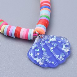 Mixed Color Eco-Friendly Handmade Polymer Clay Heishi Beads Kids Braided Bracelets, with Resin Paillette Pendants and Nylon Cord, Shell, Mixed Color, 1-3/4 inch~2-3/4 inch(4.5~7cm)