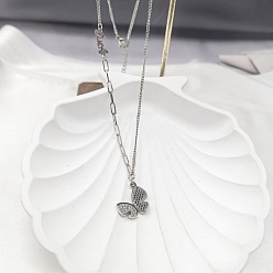 Stainless Steel Color 304 Stainless Steel Butterfly Pendant Necklaces for Women, Stainless Steel Color, 15.75 inch(40cm)