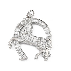 Платина Латунные микропаве прозрачные подвески с фианитом, подкова с конскими оберегами, платина, 30x26x4 мм, Перейти кольцо: 5x1 мм, 3 мм внутренним диаметром