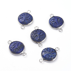 Ляпис-Лазурь Соединители из натурального лазурита, с настройками разъема кабошон латунный платиновый тон, плоские круглые с деревом, 23~24x15~16x5~6 мм, отверстие : 2.5 мм