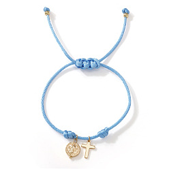 Sky Blue Adjustable Brass Religion Cross Virgin Charm Nylon Cord Braided Bracelets, Golden, Sky Blue, 11.02 inch(28cm)