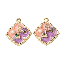 Цветок Подвески из эмалевого сплава легкого золота, с ABS имитации жемчуга, ромб прелести, стойки покрытие, цветок, 25x22x4 мм, отверстие : 1.8 мм