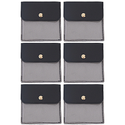 Черный 6 шт. сумки для хранения ювелирных изделий из искусственной кожи с железной кнопкой, для серьги, Кольца, , квадратный, чёрные, 9.6x9.4x0.5 см