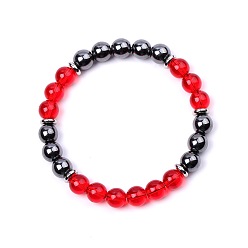 Glass Glass & Synthetic Non-magnetic Hematite Round Beads Stretch Bracelets for Women Men, with 304 Stainless Steel, 7.28 inch(18.5cm)~7.48 inch(19cm)