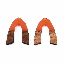 Coral Transparent Resin & Walnut Wood Pendants, V-Shaped Charm, Coral, 38x29x3mm, Hole: 2mm