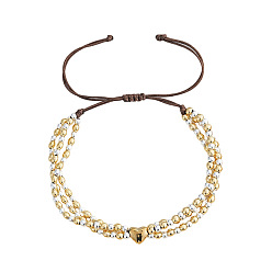 Couleur Dorée & Acier Inoxydable Bracelets ajustables en perles de laiton bicolores, bracelets en cordon de nylon tressé pour femmes, coeur et rond, or et acier inoxydable Couleur, 11.02 pouce (28 cm)
