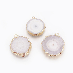 Белый Дым Подвески из натурального окрашенного кварца, солнечный кварц, с позолоченными краями из латуни, плоско-круглые, серый, 25~42x22~23x4~6 мм, отверстие : 2.5 мм