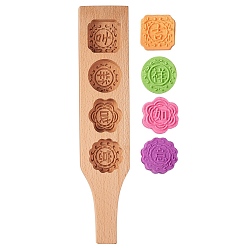 Цвет Древесины Плоские круглые, квадратные и цветочные деревянные пресс-формы для лунного пирога, формы для выпечки, формы для тортов, 4 полости с китайскими иероглифами, деревесиные, 350x70 мм