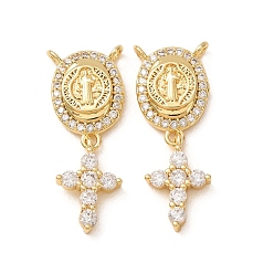 Real 18K Gold Plated Brass Micro Pave Clear Cubic Zirconia Pendants, Oval with Saint Benedict Medal & Cross Charms, Real 18K Gold Plated, 28.5x11.5x3.5mm, Hole: 1.4mm