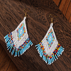 Синий Серьги-подвески из ромбического стеклянного бисера ручной работы, золотые, синие