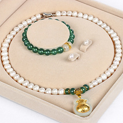 Золотой Комплекты ожерелий, браслетов и серег из натурального пресноводного жемчуга с хризопразом для женщин, золотые, 450 мм