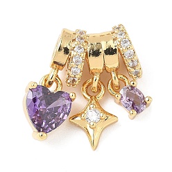 Настоящее золото 18K Латунные микро проложить кубического циркония бусы, без кадмия и без свинца, сердце, реальный 18 k позолоченный, 17x15.5x7 мм, отверстие : 3 мм