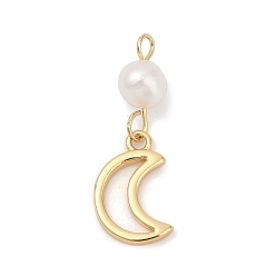 Настоящее золото 18K Подвески из натурального пресноводного жемчуга и латуни, Луна прелести, стойки покрытие, без кадмия и без свинца, долговечный, реальный 18 k позолоченный, 24x8.5x5.5 мм, отверстие : 1.8 мм