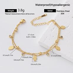 Hamsa Hand 304 Stainless Steel Pave Clear Cubic Zirconia Charm 2-Strand Bracelets for Women, Golden, Hamsa Hand, 6.69 inch(17cm)