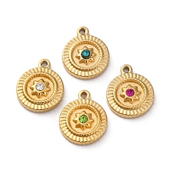 (52) Непрозрачная лаванда 304 из нержавеющей стали горный хрусталь подвески, плоское круглое солнце, ионное покрытие (ip), реальный 14 k позолоченный, разноцветные, 12.5x10x3 мм, отверстие : 1.2 мм