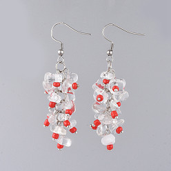 Red (Jewelry Parties Factory Sale)Dangle Earrings, with Glass Seed Beads, Natural Quartz Crystal Chips Beads and Stainless Steel Earring Hooks, Red, 63mm, Pin: 0.7mm