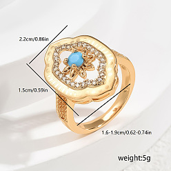 Бирюза Кольца для женщин с микропаве из латуни и кубическими цирконами, цветок, золотые, бирюзовые, 15x22 мм, размер США 6 (16.5 мм)