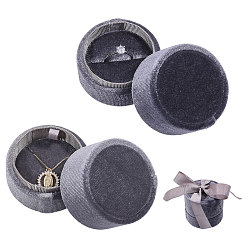 Серый 2 Наборы круглых бархатных коробочек для колец и подвесок, с лентой, серые, 6x5.4 см