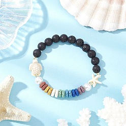 Смешанные камни Браслеты из натуральной лавы, синтетической бирюзы и ракушечного жемчуга для женщин, черепаха и морская звезда, внутренний диаметр: 2-1/8 дюйм (5.3 см)