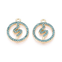 Аквамарин Подвески из сплава со стразами, плоский круглый и змеевидный, без кадмия, без никеля и без свинца, золотые, аквамарин, 18x15x2 мм, отверстие : 1.6 мм