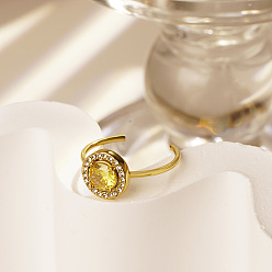 Желтый Регулируемые открытые манжеты из нержавеющей стали с микропаве из кубического циркония для женщин, круглые, реальный 18 k позолоченный, желтые, круглый : 10.46 мм