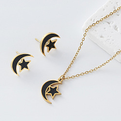 Black 304 Stainless Steel Enamel Moon Star Pendant Necklace & Stud Earrings Set for Women, Golden, Black, 450mm