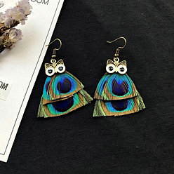 Dark Turquoise Alloy Enamel Dangle Earrings for Women, Owl, with Feather, Dark Turquoise, 45x45mm