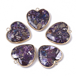 Индиго Кулоны из синтетического золота с регалитом, императорской яшмой и морской яшмой, с фурнитурой из позолоченной латуни, окрашенные, сердце, индиговые, 27~28x26x6 мм, отверстие : 2 мм