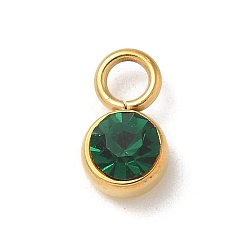 Изумруд Ионное покрытие (ip) 304 нержавеющая сталь с подвесками из стразов, реальный 14 k позолоченный, плоский круглый шарм, изумруд, 9x5x4 мм, отверстие : 2 мм