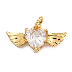 Настоящее золото 18K Покрытие стойки латунь микропаве прозрачные подвески из кубического циркония, без свинца и без кадмия, долговечный, сердце с крыльями, реальный 18 k позолоченный, 9x18x4.5 мм, отверстие : 3.5 мм