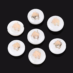 Телец Естественных пресноводных стеклянные бусы, с позолоченными элементами из травленой латуни, плоские круглые с двенадцати созвездий, цвет морской раковины, Телец, 11~12x4~6 мм, отверстие : 0.5~0.9 мм